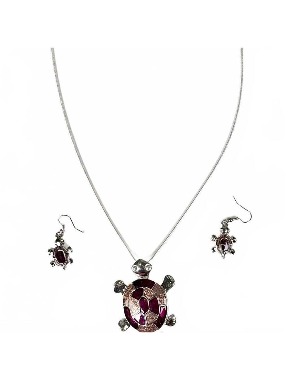 Silver Tone Purple Enamel Turtle Pendant Necklace Earrings Set Crystal Eyes